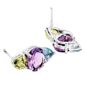 Authentic Earth Mined Purple Amethyst, Peridot, Sky Blue Topaz .925 Sterling Silver Stud Earrings - BELLADONNA