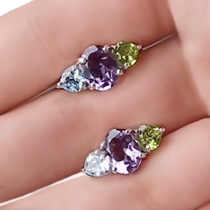 Authentic Earth Mined Purple Amethyst, Peridot, Sky Blue Topaz .925 Sterling Silver Stud Earrings - BELLADONNA