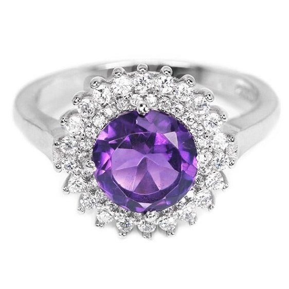 Natural Round Portuguese Cut Purple Amethyst,White Cz Solid .925 Silver Ring Size 8 - BELLADONNA