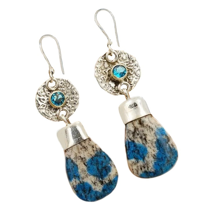 Natural K2 Granite with Blue Azurite and Blue Topaz Gemstone Solid .925 Silver Fine Earrings - BELLADONNA