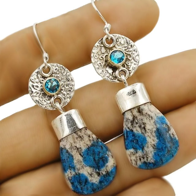 Natural K2 Granite with Blue Azurite and Blue Topaz Gemstone Solid .925 Silver Fine Earrings - BELLADONNA