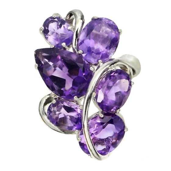 29.22 cts Intense Natural  Unheated Purple Amethyst Gemstone Solid .925 Sterling Silver Ring 14K White Gold Ring Size 7.5 - BELLADONNA