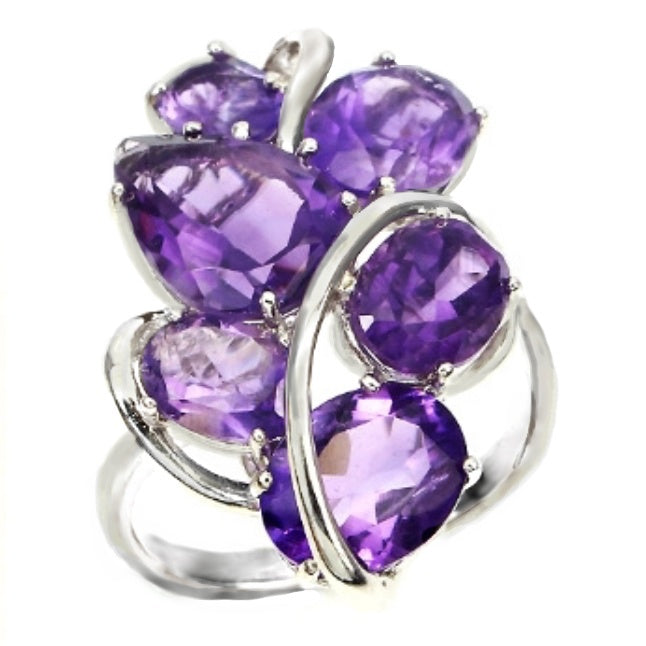 29.22 cts Intense Natural  Unheated Purple Amethyst Gemstone Solid .925 Sterling Silver Ring 14K White Gold Ring Size 7.5 - BELLADONNA