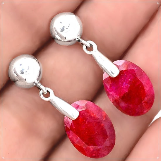 Dainty Natural Indian Ruby Oval Gemstone Set in Solid .925 Sterling Silver Earrings - BELLADONNA