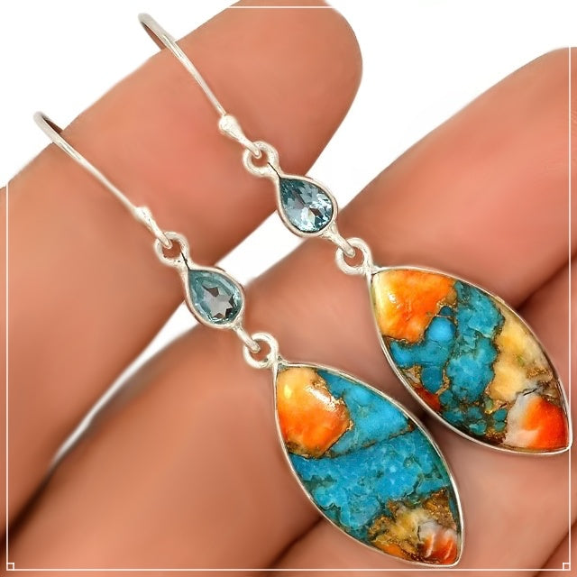 Natural Spiny Oyster Arizona Turquoise, Blue Topaz Solid .925 Sterling Silver Earrings - BELLADONNA