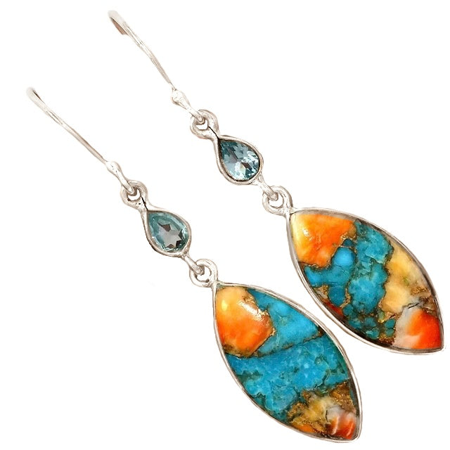 Natural Spiny Oyster Arizona Turquoise, Blue Topaz Solid .925 Sterling Silver Earrings - BELLADONNA