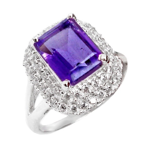 Natural Purple Amethyst, White Topaz Solid .925 Silver Ring Size 8.25 - BELLADONNA