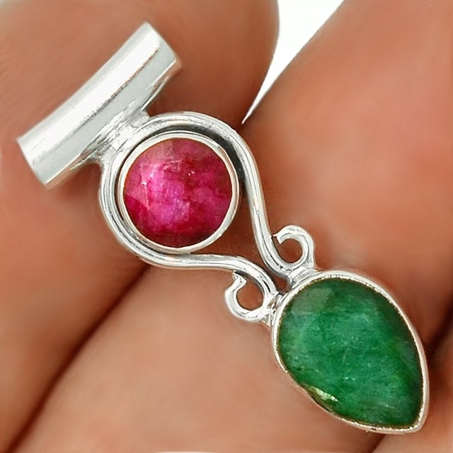 Natural Indian Ruby and Emerald Gemstone In Solid .925 Silver Pendant - BELLADONNA