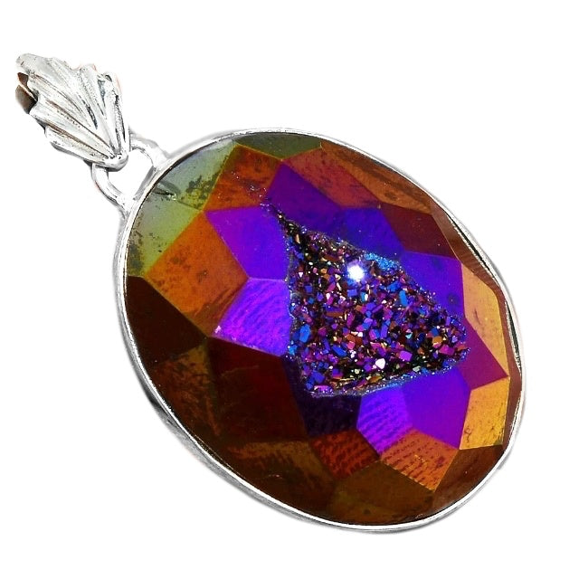 Natural Titanium Aura Druzy In Solid 925 Sterling Silver Pendant - BELLADONNA