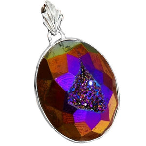 Natural Titanium Aura Druzy In Solid 925 Sterling Silver Pendant - BELLADONNA