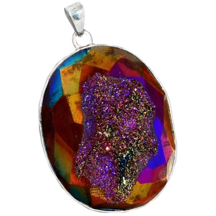 Natural Titanium Aura Druzy In Solid 925 Sterling Silver Pendant - BELLADONNA