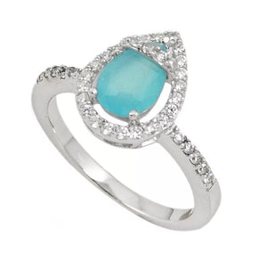 Natural Aqua Blue Chalcedony , White Topaz Gemstone Solid .925 Silver Ring Size US 7.5 - BELLADONNA