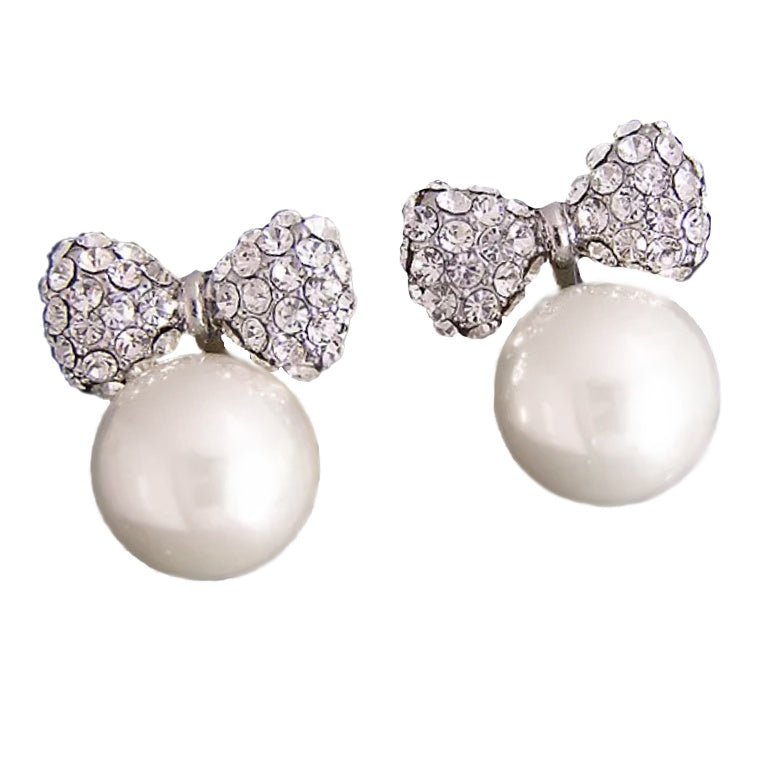 White Pearl and Crystal Bow Silver Plated Stud Earrings - BELLADONNA