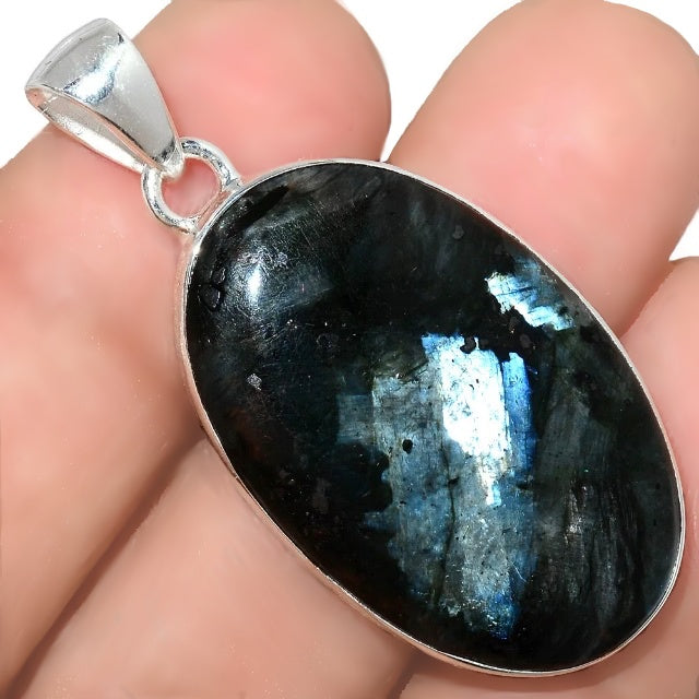 Norwegian Natural Larvikite Black Moonstone Gemstone Solid .925 Sterling Silver Pendant - BELLADONNA