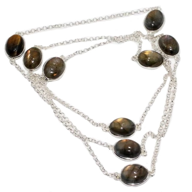 75 cm Long Natural Luminescent Labradorite Gemstone 925 Silver Necklace - BELLADONNA