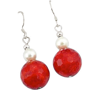 15.86 Cts Natural White Pearl, Faceted Red Sponge Coral Solid .925 Sterling Silver Earrings - BELLADONNA