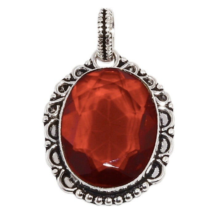 Antique Style Garnet Quartz Oval .925 Silver Plated Pendant - BELLADONNA