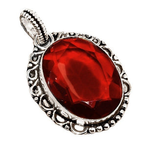 Antique Style Garnet Quartz Oval .925 Silver Plated Pendant - BELLADONNA