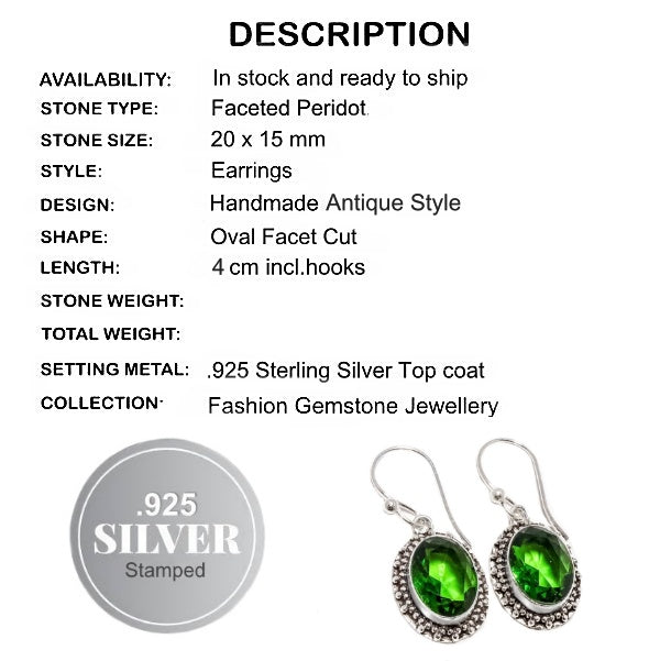 Handmade Peridot Gemstone Oval .925 Sterling Silver Earrings - BELLADONNA