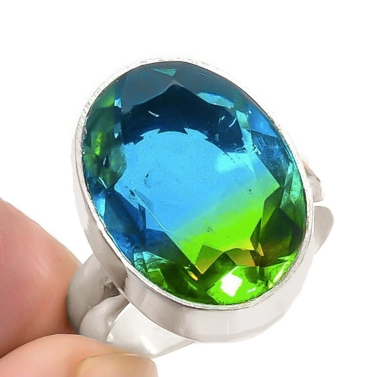 Aqua Green Bi-Colour Tourmaline Gemstone .925 Silver Ring Size US 8 /Q - BELLADONNA