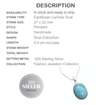 Natural Caribbean Larimar Gemstone  .925 Sterling Silver Fashion Pendant - BELLADONNA