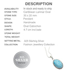 Natural Caribbean Larimar Gemstone  .925 Sterling Silver Fashion Pendant - BELLADONNA