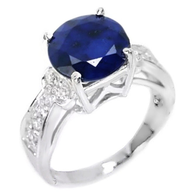 Outstanding Natural Blue Sapphire, White Cubic Zirconia Solid .925 Sterling Silver Ring Size 6.5 - BELLADONNA