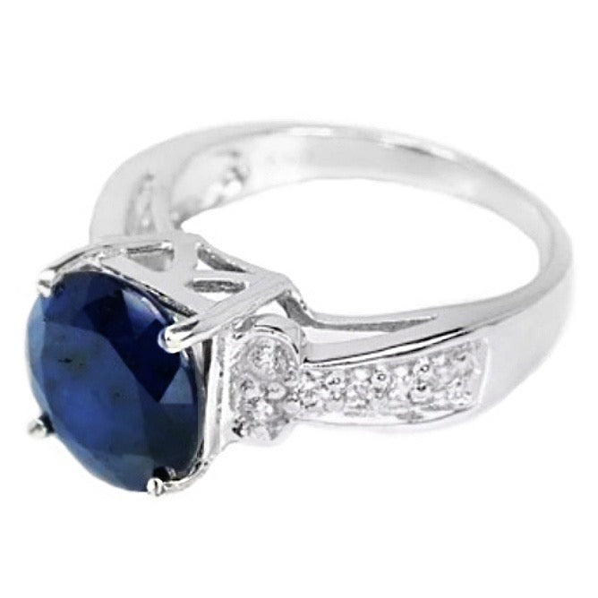 Outstanding Natural Blue Sapphire, White Cubic Zirconia Solid .925 Sterling Silver Ring Size 6.5 - BELLADONNA