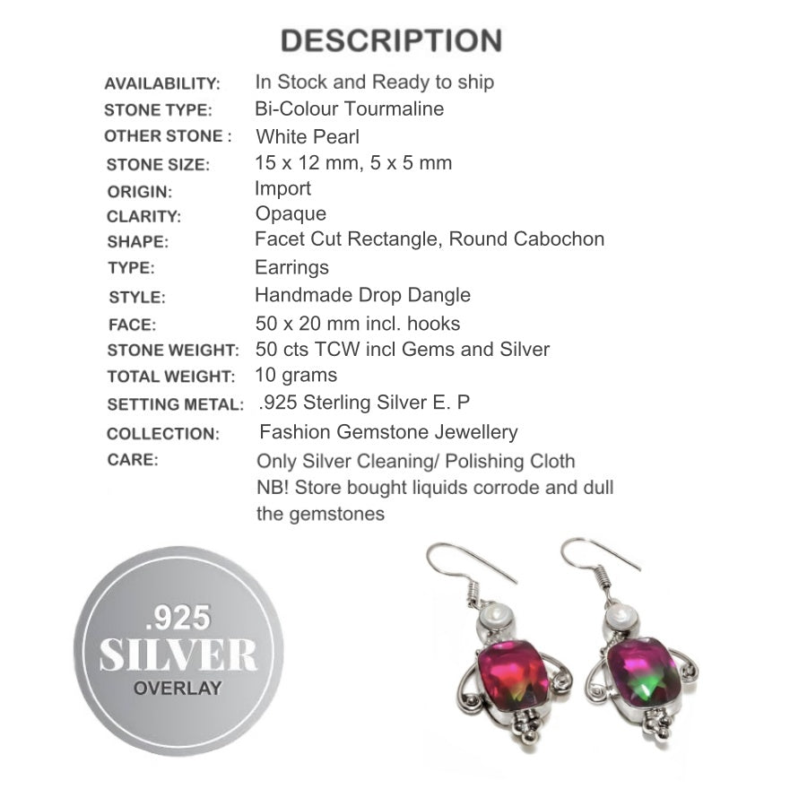 Bi-Colour Tourmaline , White Pearl Gemstone .925 Silver Earrings - BELLADONNA