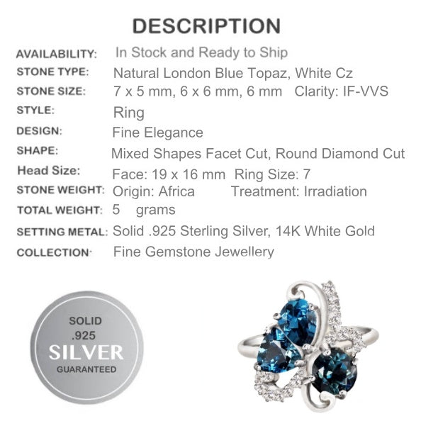 3 cts Natural London Blue Topaz White Cz Solid .925 Sterling Silver Size 7 - BELLADONNA