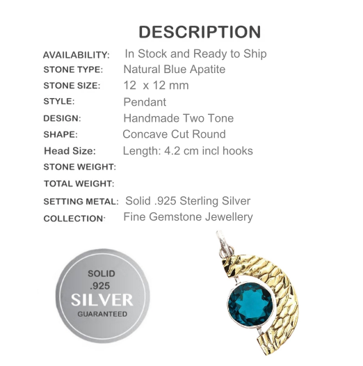 Two Tone Natural Neon Blue Apatite Gemstone Solid .925 Sterling Silver Pendant - BELLADONNA