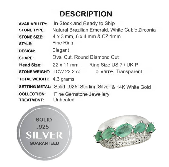 22.2 Cts Natural Brazilian Emerald and White Cubic Zirconia Solid .925 Silver Size 7 - BELLADONNA