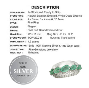 22.2 Cts Natural Brazilian Emerald and White Cubic Zirconia Solid .925 Silver Size 7 - BELLADONNA