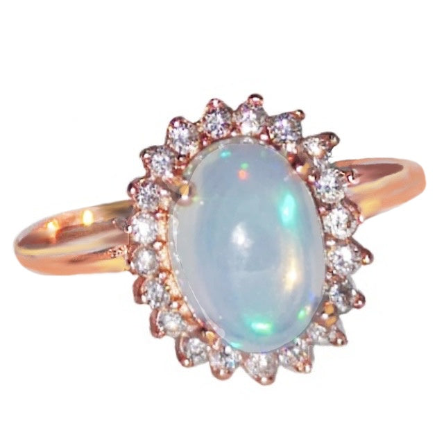 Ethiopian Fire Opal And White Cubic Zirconia Gemstone Solid .925 Sterling 14K Rose Gold Ring Size 6 - BELLADONNA