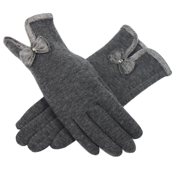 Womens Autumn Winter Velvet Cashmere Full Finger Warm Gloves with Bow Tie Detail - BELLADONNA