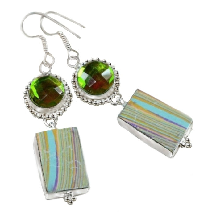 Green Flash Rainbow Topaz, Mosaic Jasper Gemstone .925 Silver Earrings - BELLADONNA