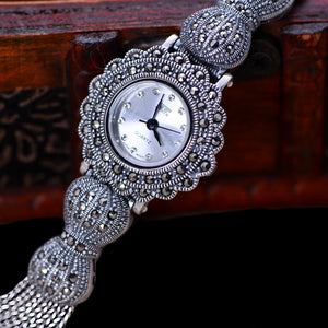 Womens Antique Art of Swiss Marcasite Silver Stainless Steel Quartz Wrist Watch - BELLADONNA