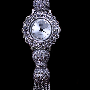 Womens Antique Art of Swiss Marcasite Silver Stainless Steel Quartz Wrist Watch - BELLADONNA