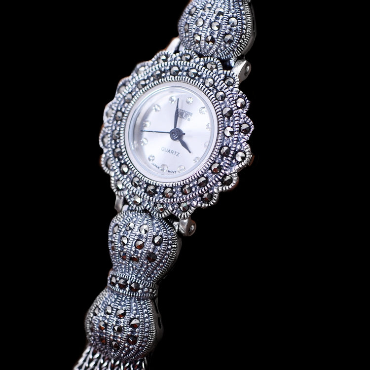 Womens Antique Art of Swiss Marcasite Silver Stainless Steel Quartz Wrist Watch - BELLADONNA